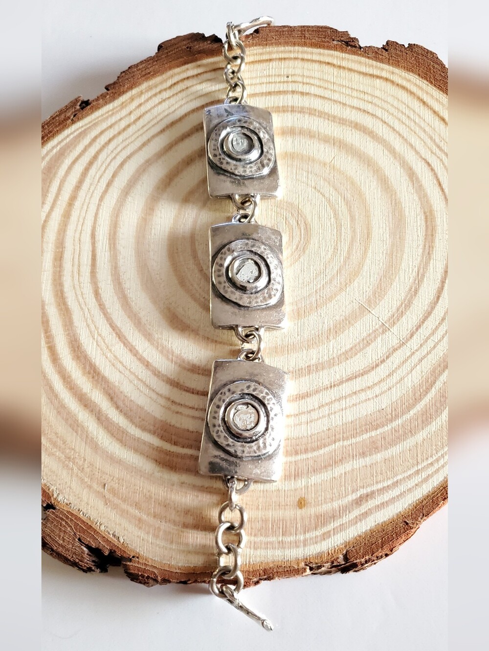Vtg. Silver Plated Pewter Circular Motif Link Bracelet by Anava Jewelry Israel